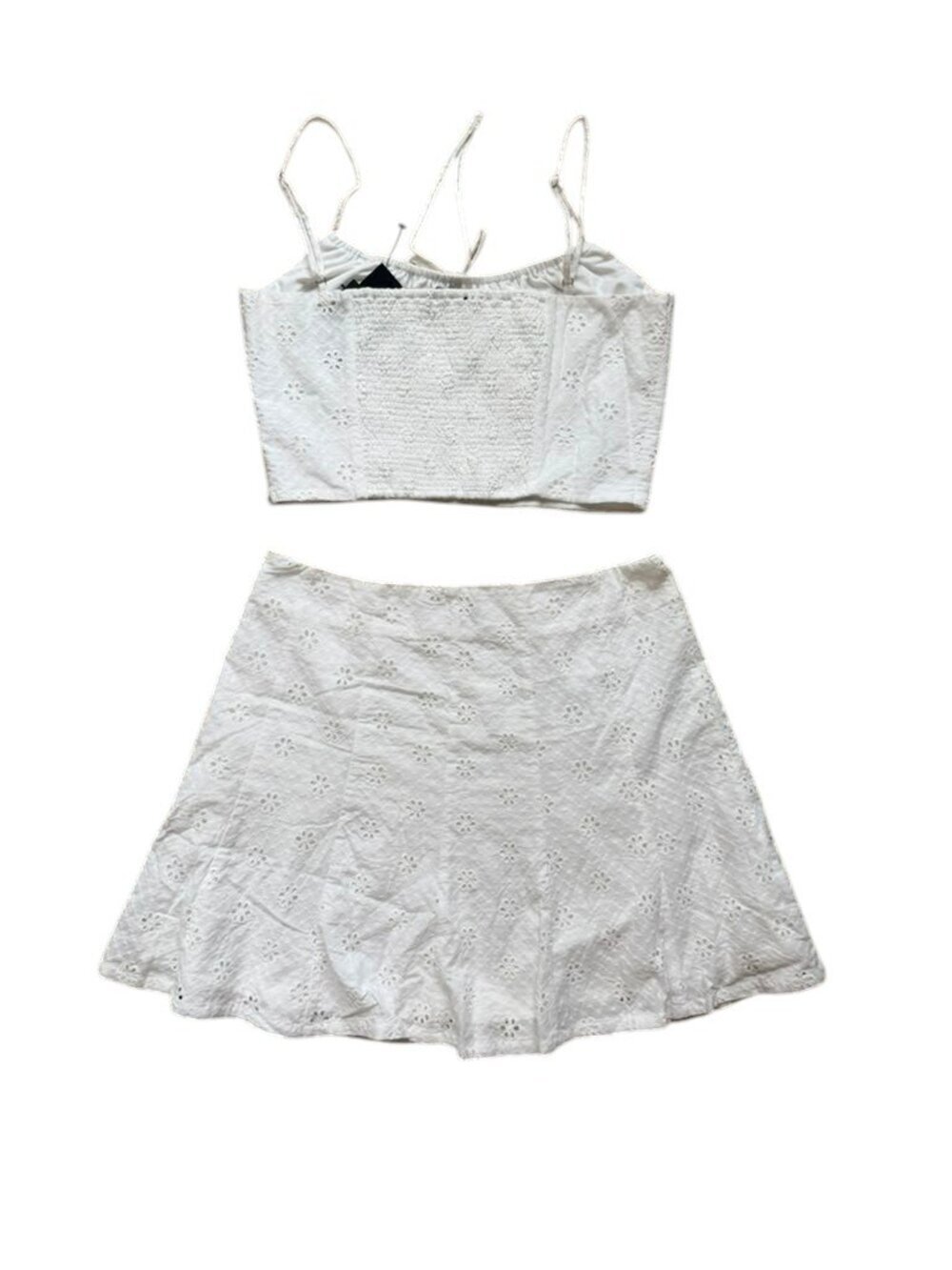 Lulus Eyelet Cotton 2 Piece Set Womens L White Crop Top Mini Skirt NWT Summer - Picture 2 of 9